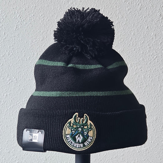 New Era Knit Beanie- Black with Green Lines